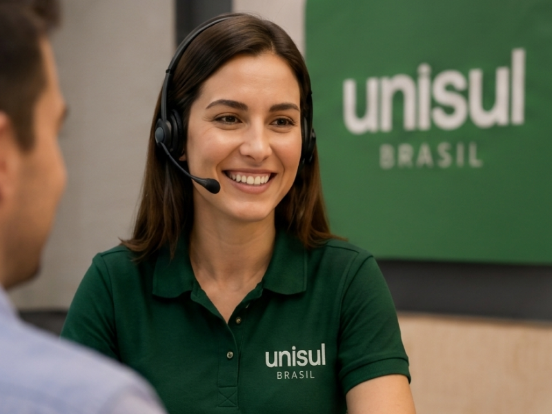 Atendente da Unisul Brasil sorrindo durante o atendimento a um associado, representando um atendimento humano, próximo e acolhedor.